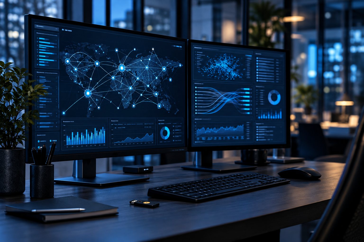 Estación de monitoreo con visualizaciones de redes y seguridad digital