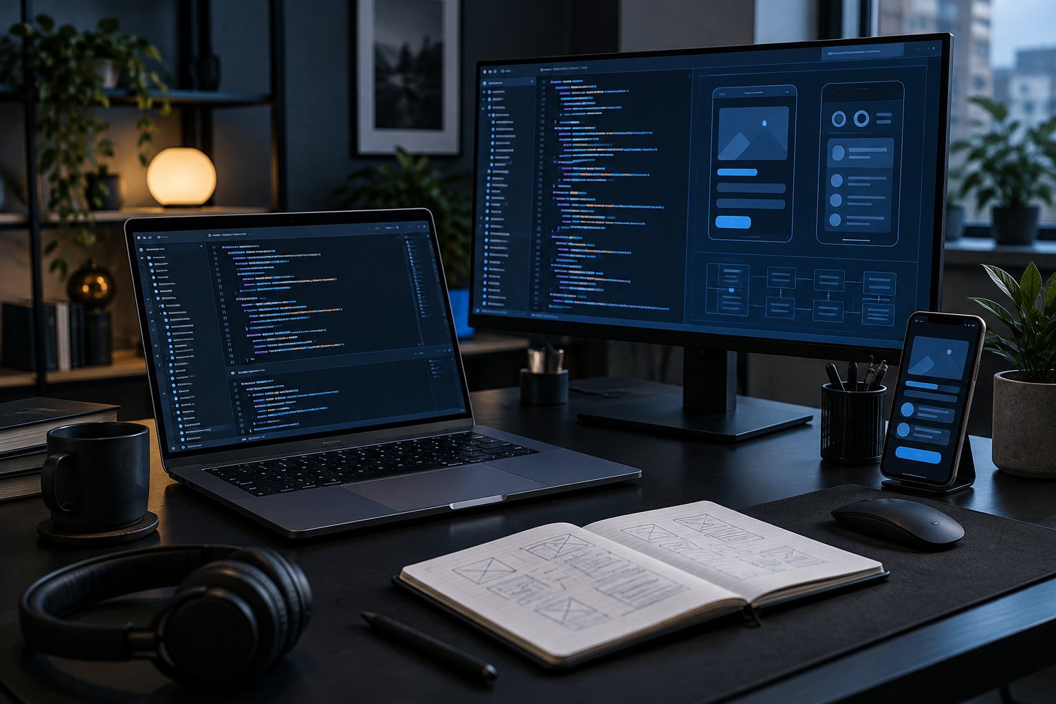 Espacio de desarrollo con computadora, interfaces web y aplicación móvil