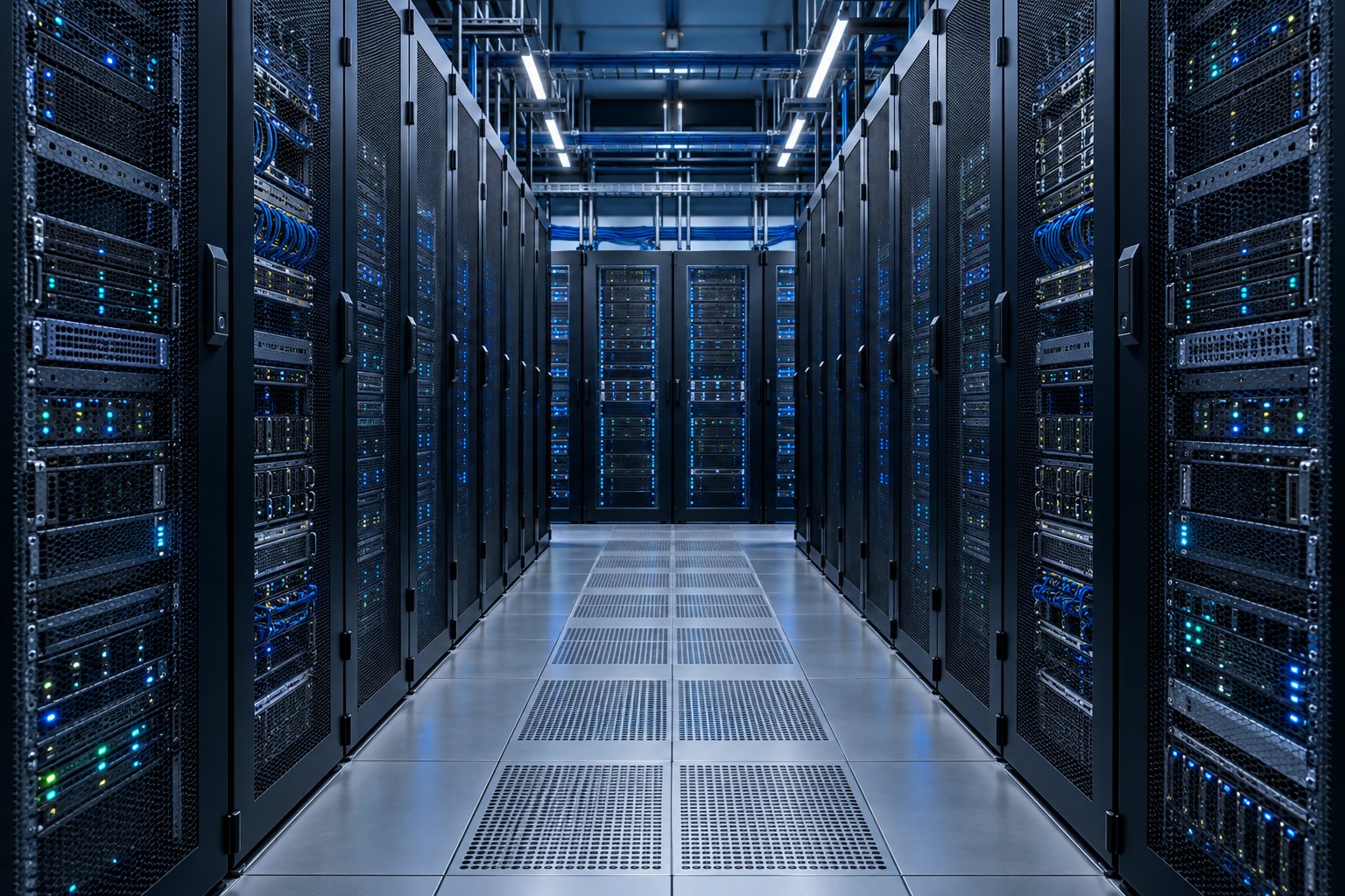 Pasillo de servidores y equipos de red en un centro de datos
